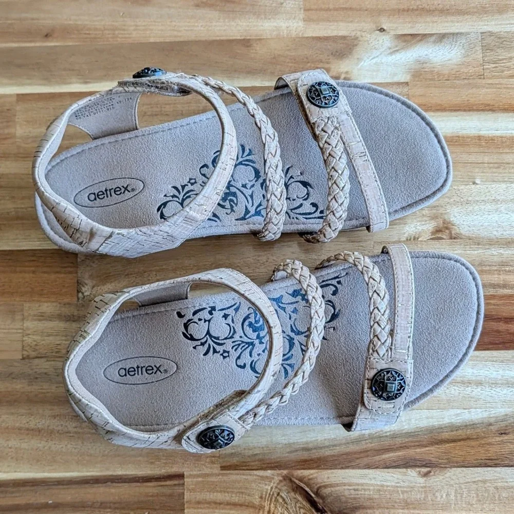 Aetrex Jillian Cork Wedge Sandals L Braided Straps Orthotic Comfort Size 8.5 NEW
